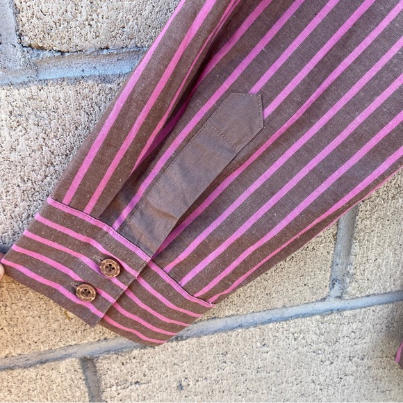Volcom Gals, Vintage Brown and Pink Retro Striped Button Down, Top - Picture 6 of 7